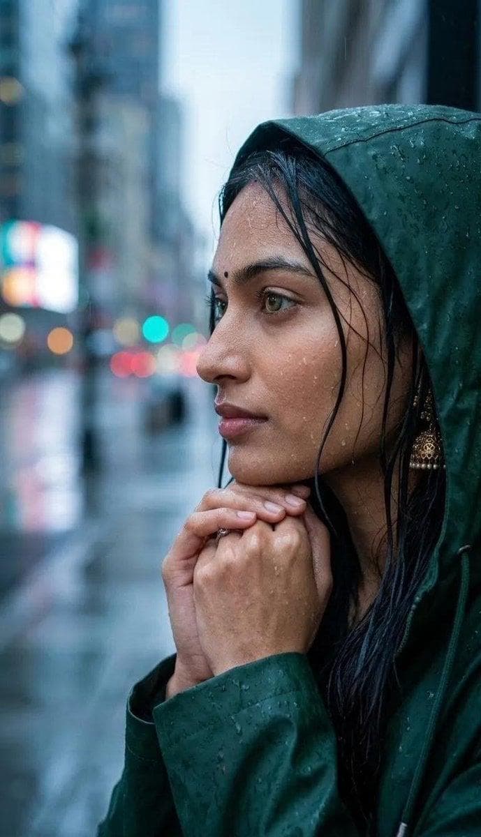 A close-up profile portrait of a young South Asian woman standing in the rain on a busy city street, wearing a dark green hooded raincoat with the hood pulled up. Her dark hair is wet and damp, with fine strands sticking to her face She has a small black bindi on her forehead, distinct hazel-green eyes and traditional gold jhumka earrings Her hands are clasped gently together under her chin in a contemplative posture Visible raindrops are scattered across her skin, hooded coat and hands The background is a blurred urban street…