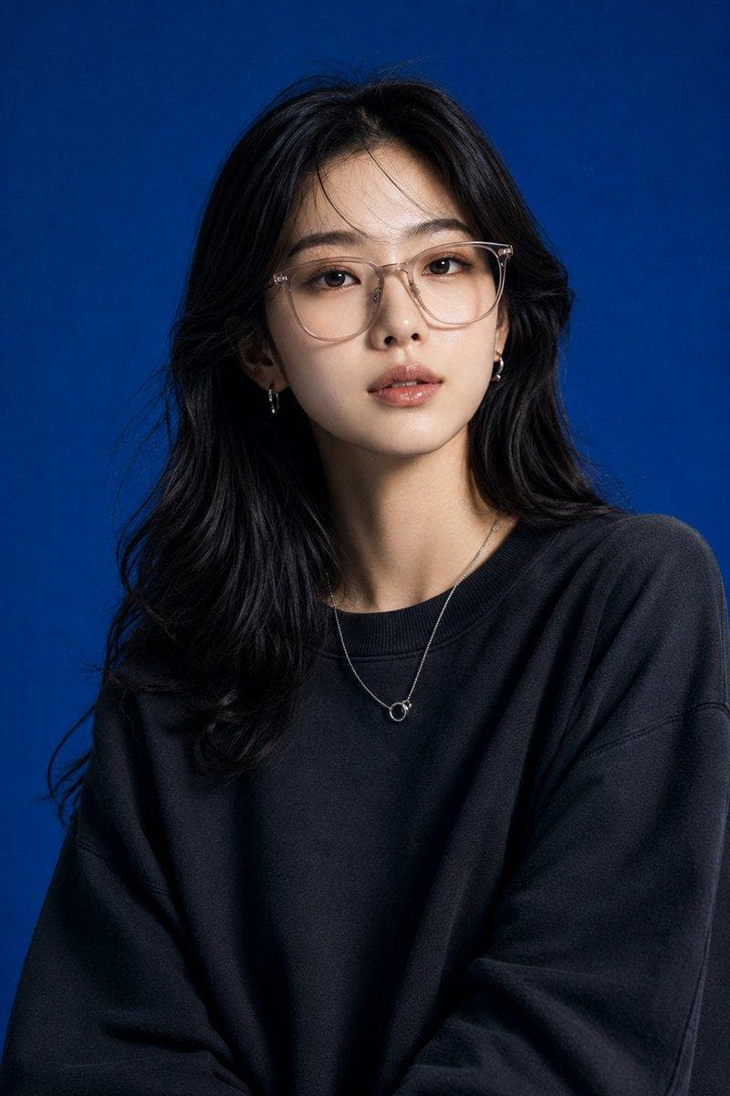 Create image Create a high-end studio fashion portrait inspired by the uploaded blue-background reference photograph. Recreate the original composition with matching framing, focal length feel, camera position, subject scale, perspective, and overall visual balance while maintaining a realistic photographic appearance. Replace the reference model with a beautiful young Japanese/Korean woman. Preserve authentic East Asian facial features, natural proportions, realistic skin texture, eye shape, facial structure, and cultural authenticity. Avoid exaggerated beauty filters, unrealistic facial modifications, or doll-like features. Maintain a natural, believable fashion-model appearance. Match the original body language closely: upper torso visible, shoulders relaxed, chin slightly elevated, eyes directed upward beyond the camera, conveying quiet confidence, sophistication, and contemplation. Maintain the same sense of presence and spatial positioning within the frame. Retain the rich cobalt-blue studio backdrop and the refined editorial atmosphere. Reproduce the original lighting setup with soft directional illumination, subtle facial highlights, realistic reflections on eyewear and jewelry, and smooth shadow transitions around the jawline, neck, and clothing folds. Preserve depth, dimensionality, and professional studio realism. Appearance: Young Japanese/Korean woman in her early-to-mid 20s Clear luminous skin with natural texture Soft almond-shaped eyes Elegant facial structure Healthy natural makeup with subtle editorial refinement Glossy neutral lips Long dark hair styled in soft layers or gentle waves Sophisticated yet approachable expression Style the model in contemporary luxury street-fashion apparel. Use an oversized premium knit sweater, relaxed-fit sweatshirt, or fashion-forward minimalist streetwear silhouette with natural fabric draping. Layer with a delicate silver necklace, subtle rings, and lightly tinted translucent eyewear. Wardrobe should feel premium, modern, and suitable for a luxury fashion campaign. Keep the image tightly composed with the same portrait crop and subject placement. Ensure identical camera-to-subject distance and visual weight in the frame. The final result should…