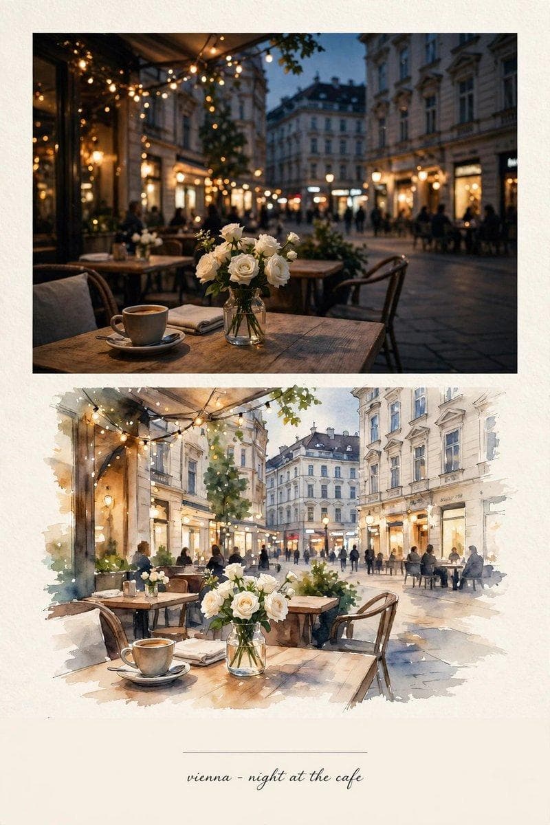 Use the uploaded image as the EXACT visual reference. Recreate the original scene faithfully and preserve the same composition, café table, flowers, lantern, cup, folded napkin, chairs, hanging lights, historic street, architecture, mosque/minaret, lighting, camera angle, framing, colors, proportions, and overall nighttime atmosphere. Do NOT redesign, replace, add, remove, or reinterpret any major element. The result must look like the SAME original photograph, only refined into a premium cinematic travel-editorial photograph. STRICT 3:4 vertical format. Preserve the foreground exactly: the rustic wooden café table, cream-colored vase filled with delicate white flowers, vintage glowing metal lantern, small coffee cup and saucer, folded napkin, small white flower on the table, wicker café chairs, and soft blankets draped naturally over the chairs. Keep the historic Istanbul street exactly as shown, including the narrow cobblestone street, traditional stone buildings, warm shop windows, hanging string lights, distant mosque architecture and minaret, pedestrians in the background, café seating, plants, and atmospheric depth. Maintain the original nighttime mood with warm amber lantern light contrasting naturally against the cool blue evening sky. Preserve the soft bokeh, realistic reflections, natural shadows, and intimate café atmosphere. Apply only subtle cinematic color grading, refined tonal balance, realistic textures, natural contrast, soft highlights, and premium film texture. Overall aesthetic: ultra-realistic premium travel photography, cinematic night photography, elegant Istanbul café atmosphere, intimate European/Middle Eastern…