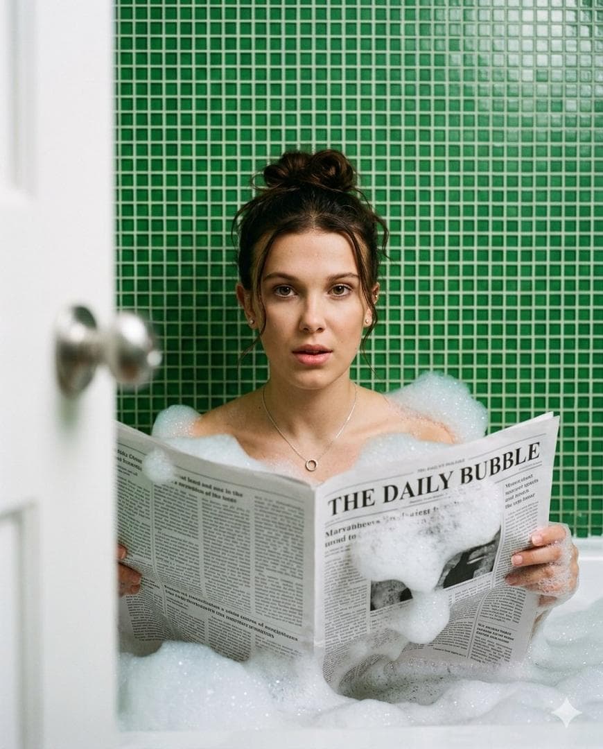 A young blonde Hollywood actress, similar to Sydney Sweeney, appears inside a bathtub filled with foam up to the brim. Her blonde hair is styled in a high, voluminous, slightly messy bun, with a few loose strands softly framing her face. She looks directly at the camera with a neutral, subtly seductive expression, her lips slightly parted. She wears light, natural makeup, a delicate silver chain necklace with a small circular pendant, and small, discreet stud earrings. Her upper body faces forward, visible above the foam. She holds a large open printed newspaper with both hands at chest height, as if reading it. The newspaper is partially covered with dense white soap foam, which also gathers around her in thick, fluffy bubbles filling the bathtub. Beneath the foam and the newspaper, she is wearing a green beach top that remains completely hidden. The scene takes place inside a tiled bathtub. In the background, there is a vibrant wall completely covered with small, bright yellow square mosaic tiles. In the left corner of the composition, a slightly out-of-focus white door frame is visible, with a silver metallic doorknob. The lighting is soft, diffused, and even indoor lighting, coming from the front and slightly from above. It creates soft, flattering highlights on her face, shoulders, and hair, with very few harsh shadows. The image conveys an eccentric, artistic, editorial atmosphere that feels slightly surreal, yet calm…