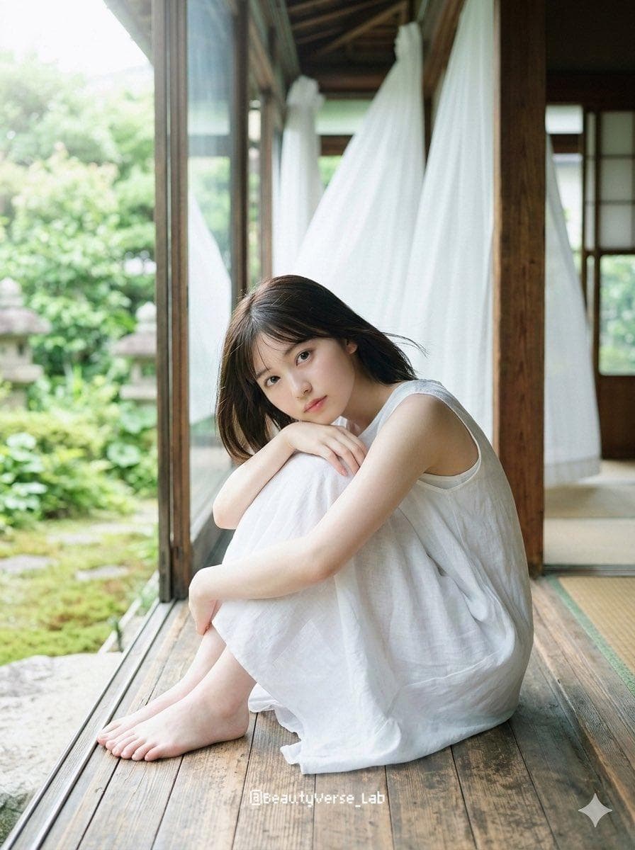 { "Character": { "Subject": "Japanese female idol, late teens to early 20s", "Face_and_Skin": "pure innocent face with translucent pale skin, glassy realistic skin texture with a subtle natural glow", "Makeup": "minimal 'no-makeup' look, very subtle soft pink blush, glossy clear lip balm", "Hair": "natural dark brown medium-length bob hair gently swaying in the breeze, no hat", "Eyes_and_Expression": "wide innocent soft eyes capturing the light, looking directly at camera with a gentle, ephemeral and pure expression", "Pose": "SITTING on a wooden engawa, HUGGING KNEES to chest, chin resting gracefully on knees, arms wrapped softly around shins, bare feet, relaxed and natural posture", "Outfit": "loose-fitting thin white linen summer dress, sleeveless, slightly translucent fabric catching the backlight, delicate collarbone visible, pure and ethereal all-white aesthetic" }, "Scene": { "Environment": "wooden engawa (traditional Japanese veranda), traditional Japanese house with sliding glass doors open to a lush green summer garden", "Details": "bright white sheer curtains blowing in the background, soft green, brown, and white color palette", "Atmosphere": "clear summer morning breeze, nostalgic and ephemeral atmosphere, feeling the gentle summer breeze" }, "Photography": { "Style": "Japanese idol photobook (shashin-shu), airy and transparent photography, masterpiece, best quality, photorealistic", "Camera_and_Lens": "Contax 645 medium format look, Carl Zeiss Planar 80mm f/2 lens, shallow depth of field, soft airy creamy bokeh, soft ethereal…