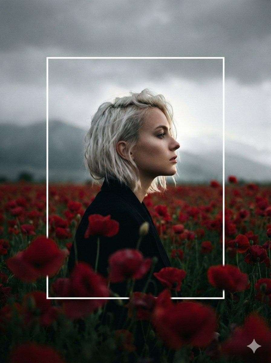 A cinematic, high-contrast profile portrait of a woman with short, platinum-blonde hair, standing in a vast field of deep crimson flowers. The scene is set under a heavy, overcast grey sky with a moody, melancholic atmosphere. A thin, white rectangular frame is superimposed in the center of the composition; the woman's head and shoulders overlap and break the top and bottom edges of the frame for a modern, artistic effect. The lighting is soft and diffused from behind, creating a subtle…