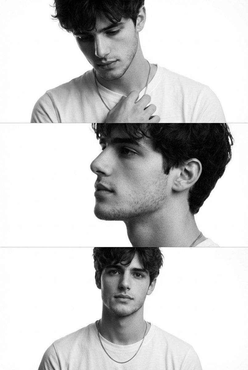 Preserve the face, proportions, and external features of the model as in the reference. A minimalist monochrome fashion editorial triptych featuring three stacked cinematic frames. The subject is a young man with short dark hair and a groomed beard. Frame 1: Emotional and introspective, looking downward with a hand near the collarbone, highlighting bone structure with Rembrandt lighting. Frame 2: A crisp profile shot with a focus on the nose, lips, and masculine jawline, gaze directed slightly upward. Frame 3: A frontal, thoughtful portrait with shoulders…