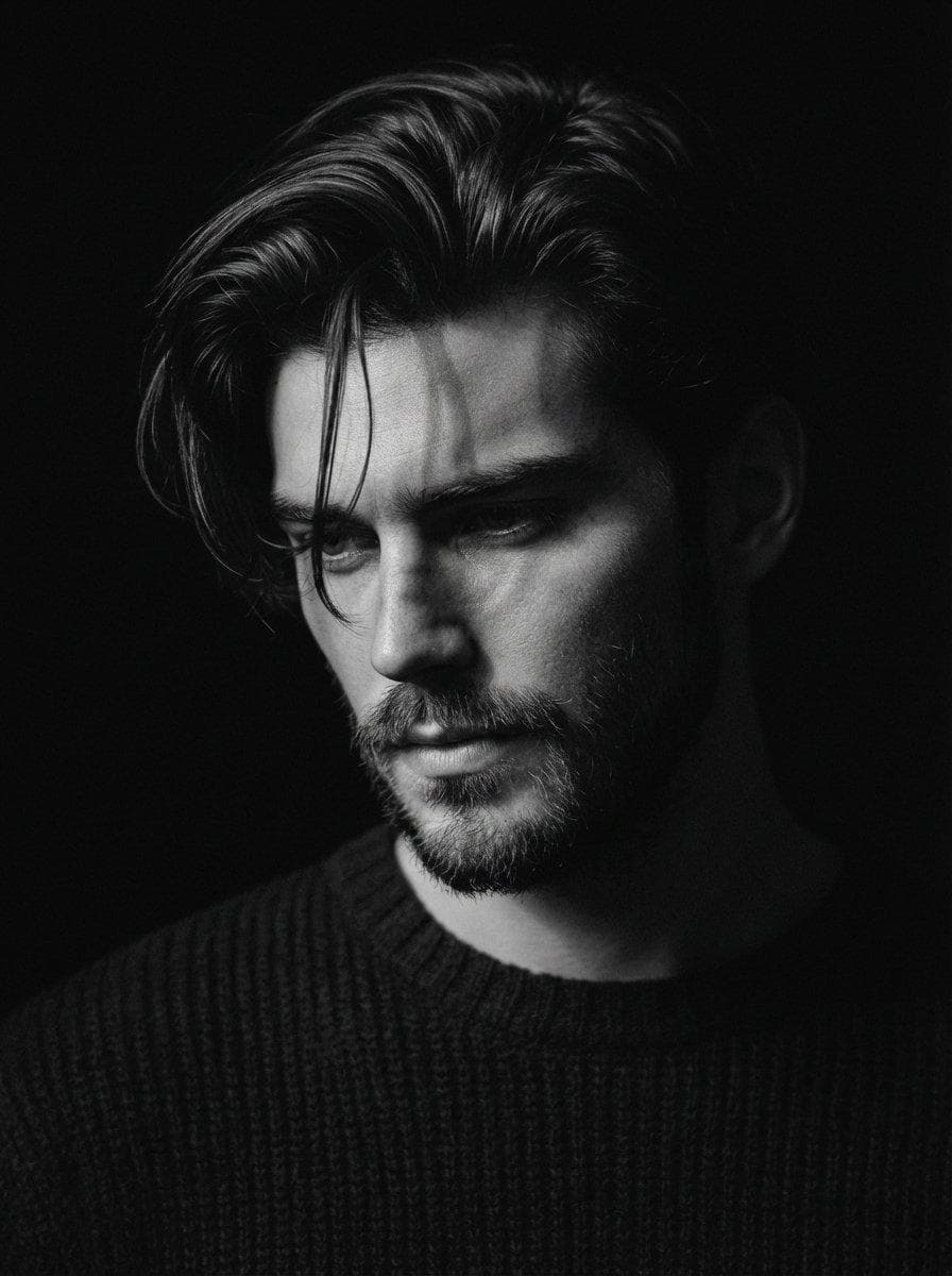 Close-up black and white portrait of a man use image face reference with messy hair and a rough beard, staring downward with a pensive expression. A single beam of light grazes…