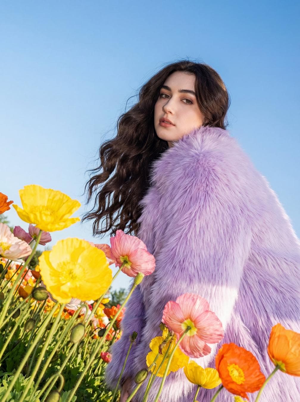 Use this photo attached to create a striking outdoor fashion portrait set in a vibrant flower field during daylight, captured with a digital camera using a harsh flash. The camera angle is low and slightly tilted upward, intensifying the scene's energy and drama. The subject has long, loose, dark brown wavy hair cascading over a voluminous, soft, shaggy lavender faux fur coat that drapes naturally over the body. Surrounding the subject are large, colorful poppies in yellow, pink, and orange, some in the foreground and others in the background, creating an immersive field-of-flowers effect. The sky is clear and blue, providing a crisp, contrasting backdrop. The mood is…