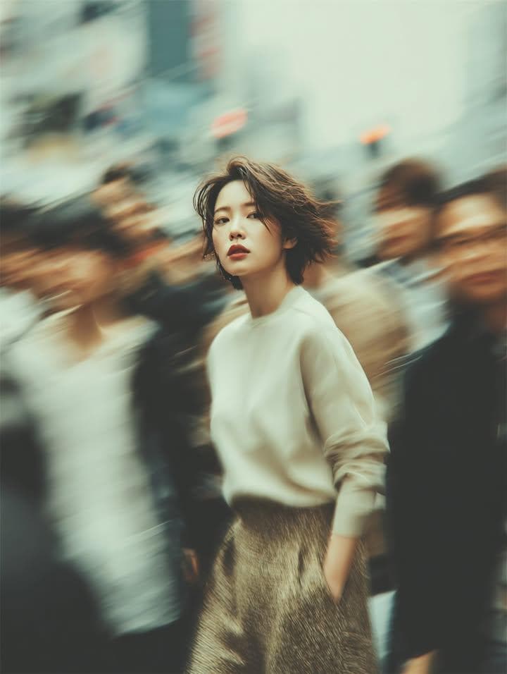 A cinematic street portrait of a young woman standing still in a busy urban crowd, captured with motion blur all around her. She has short, slightly messy hair and a calm, introspective expression, looking directly at the camera. She wears a soft beige sweater and a textured brown skirt, minimal accessories. The background is a city street filled with people in motion, creating a dreamy long-exposure effect. Shallow depth of…