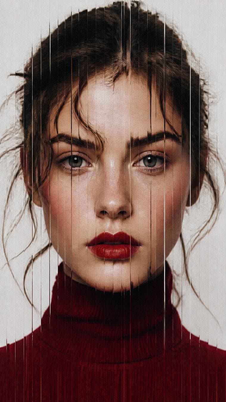 { "style": { "name": "vertical_slice_glitch", "description": "High-fashion portrait with vertical slice distortion, glitch splitting, and analog-style grain.", "elements": { "subject": { "type": "fashion_portrait", "framing": "tight_face_centered", "expression": "neutral_or_intense", "lighting": "soft_diffused_studio", "skin_texture": "realistic_with_blush", "wardrobe": "minimal_solid_colors" }, "distortion": { "effect": "vertical_slit_scan", "slice_count": "40-80", "slice_thickness": "thin", "displacement_amount": "medium", "alignment": "center_weighted", "smooth_blend_edges": false, "random_offset": true, "direction": "vertical" }, "texture": { "grain": "medium_heavy", "noise": "fine_digital_noise", "compression_artifacts": "subtle", "film": "matte_fashion_editorial"…