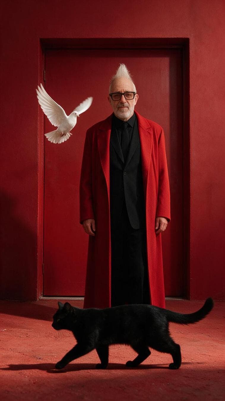 Créer une image ultra réaliste d’une Personne(photo téléchargée)debout devant une grande porte rouge mate, mur rouge uniforme, portant un long manteau rouge vif sur des vêtements noirs élégants. Une colombe blanche en plein vol à gauche de la porte, ailes déployées, lumière douce et directionnelle. Un chat noir traverse le sol rouge texturé au premier plan. Composition cinématographique, ambiance mystérieuse et artistique, contraste fort entre rouge, noir et blanc. Style photo…