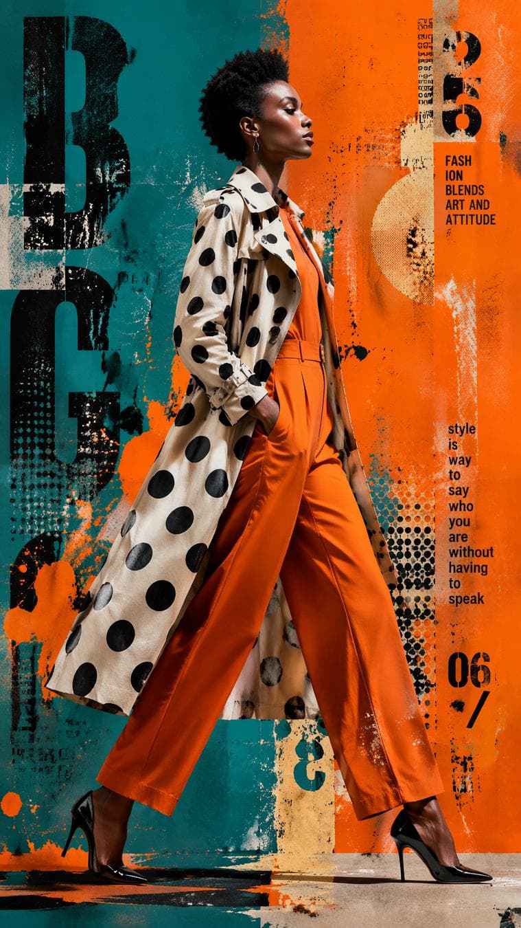 A stylish woman with a short, textured afro strides confidently in profile, wearing a structured trench coat adorned with large black polka dots over a vibrant orange jumpsuit. The composition integrates high-fashion photography with aggressive graphic design elements, featuring a split-toned teal and saturated orange background overlaid with distressed typographic textures, halftone patterns, and chaotic painterly splatters. Direct studio lighting illuminates her face with sharp highlights, creating high-contrast modeling that emphasizes her angular features. The background remains flat and non-representational, acting as a dynamic canvas for the layered mixed-media aesthetic, where sharp edges of the garment contrast against the energetic, abstracted brushstrokes and geometric shapes that surround the subject in a balanced…