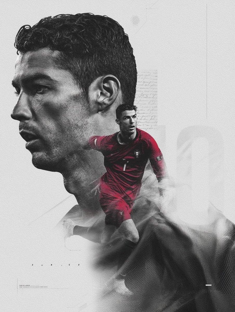 A dramatic double exposure portrait of a professional football player, large side-profile face in black and white with intense expression, combined with a smaller full-body action shot of the same player running in a red jersey, dynamic motion, dust and smoke particles blending the layers, high contrast lighting…