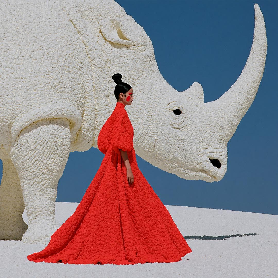 a surreal high-fashion editorial photograph, a colossal white rhinoceros walking directly behind an elegant female fashion model, the rhino is impossibly gigantic, monumental scale, enormous horn dominating the composition, ivory white textured skin, the woman wearing a dramatic floor-length vivid red couture suit with flowing fabric, extreme size contrast between human and animal, minimalist white salt desert, clear deep blue sky, low-angle camera, full body fashion photography, clean geometric composition, strong red and white color contrast…