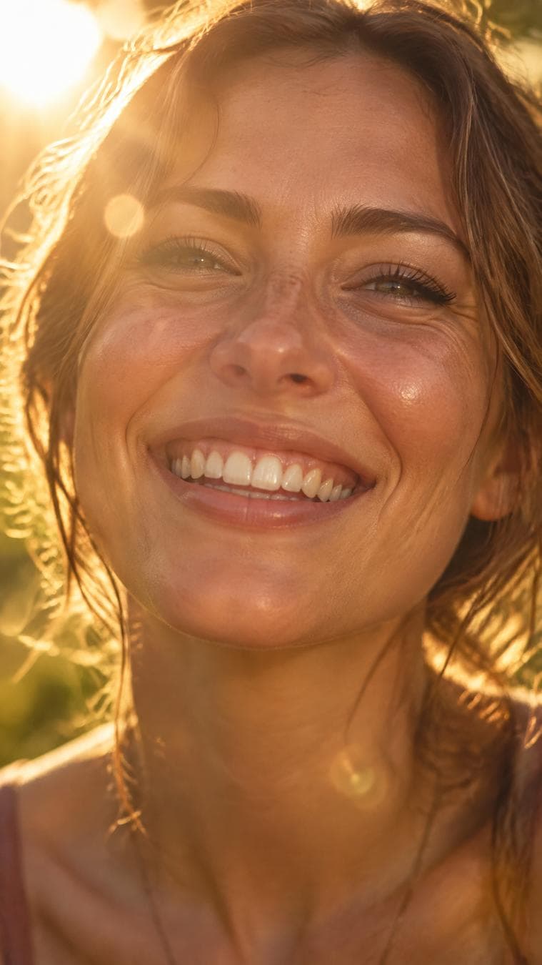 A joyful woman fills the frame in an intimate extreme close-up, smiling broadly with slightly squinted eyes as warm sunlight silhouettes her face and catches loose strands of medium-brown hair. Low golden-hour sunlight enters directly from the upper left and behind her, producing luminous rim lighting, soft veiling glare, circular lens flares, and amber skin translucency across her cheeks and forehead. Fine facial lines, glossy lips, and individual flyaway hairs remain visible through the hazy flare, while the background dissolves into soft green-and-gold bokeh. Her face occupies nearly the entire vertical composition, with the lower neck and shoulders fading into warm shadow, creating a candid, radiant portrait with pronounced backlit atmosphere. * **Style:**…