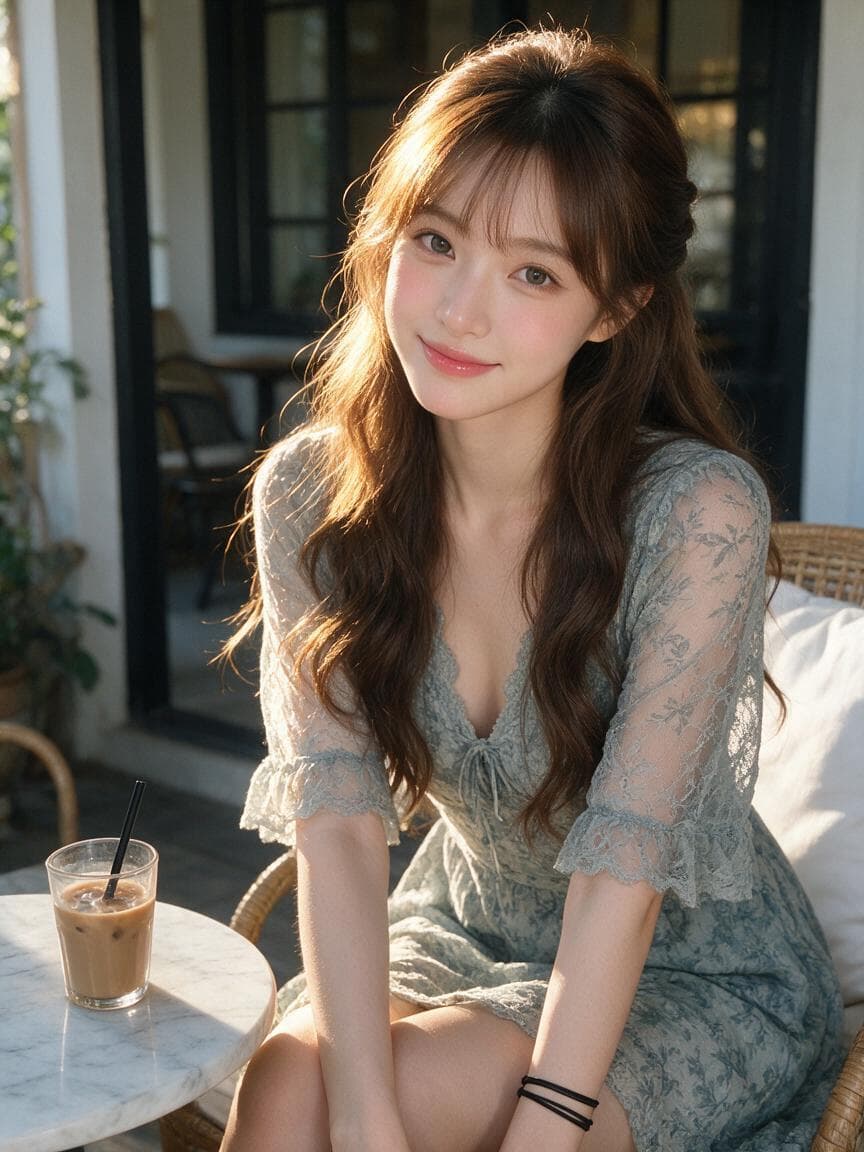 Phụ nữ trưởng thành 20 tuổi. Người phụ nữ ngồi trên ghế mây của hiên, thân trên hơi nghiêng về phía trước. Nghiêng đầu sang trái màn hình, hai tay từ vai buông xuống thẳng.Nhân vật - Biểu cảm:Khuôn mặt hình oval nhỏ với cằm ngắn mảnh, đôi mắt lớn hình chữ nhật ngang màu xám nâu có độ tròn ở phần dưới. Lông mày mảnh, mũi nhỏ, đôi môi hồng nhạt bóng mịn khép lại với nụ cười e ấp. Nhìn vào máy ảnh. Tóc nâu dài sóng xõa xuống ngực, phần trên lỏng lẻo búi lại để lại lớp tóc mái mỏng. Chỉ có lọn tóc bên trái viền sáng màu vàng. Làn da kem đào sáng, mặt hơi hồng nhạt. Đối lập với độ sáng ngược sáng, mặt trước khuôn mặt dịu dàng.Trang phục - Tư thế:Váy làm từ vải sinh thành với họa tiết lá hoa mịn màu xám xanh. Viền ren V sâu và nút thắt nhỏ ở giữa ngực, tay áo ren hoa dài đến khuỷu tay trong suốt và viền bèo ở gấu. Cổ tay bên phải màn hình đeo hai vòng đen mảnh. Hai khuỷu tay đặt gần cơ thể, cẳng tay thả xuống trên đùi. Đầu tay hướng ra ngoài phần dưới. Hai đùi hướng xuống dưới, ngồi yên bình nghiêng nhẹ về trước.Nền - Ánh sáng:Trên bàn tròn đá cẩm thạch trắng xám phía trước tay trái, ly cà phê đá với ống hút đen. Phía sau bên trái là cây trồng chậu, phía sau giữa là khung cửa sổ đen, các ghế và bàn khác, bên phải là đệm ngồi màu trắng. Ánh sáng chéo ấm áp từ phía sau bên trái…