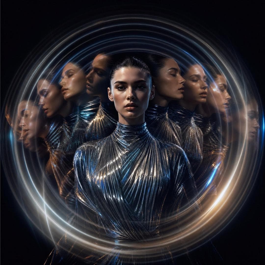 Aspect ratio 1:1. Ultra-realistic fashion editorial cover featuring a fashion muse surrounded by concentric neural echo rings of identity, with multiple motion-exposure layers forming a circular distortion field. Each echo captures subtle micro-expressions and movement variations, creating a hypnotic identity ripple effect. Dark void background with soft luminous pulses and futuristic ambient glow. AI-inspired high-fashion…