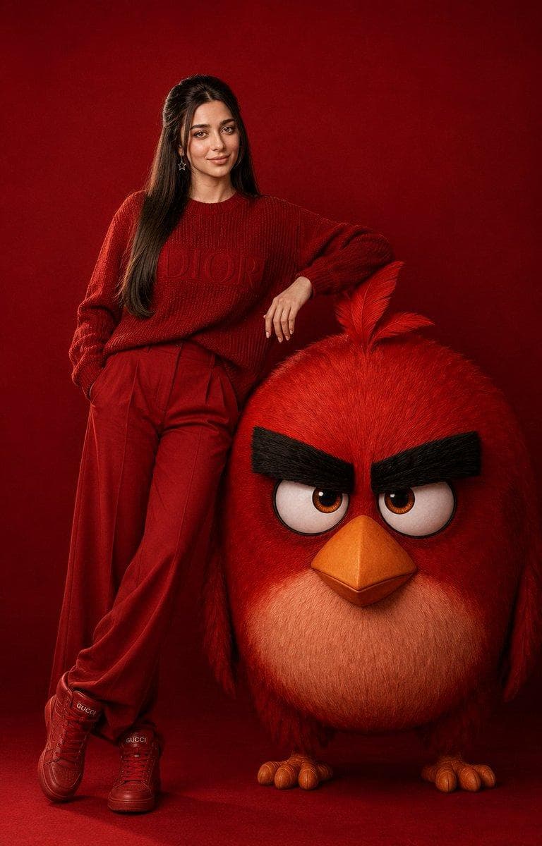 Image 1 Create a completely new ultra-realistic Instagram vertical 4:5 fashion portrait of the same beautiful, youthful, physically fit woman standing side by side with Red from Angry Birds inside a fully monochrome deep red luxury studio. She casually rests one elbow on Red's head with ankles crossed, giving a relaxed, confident gaze directly toward the camera. Outfit: luxurious monochrome red streetwear consisting of an oversized DIOR chunky knit sweater with a subtle tonal logo, tailored high-waisted wide-leg red trousers, premium red GUCCI high-top sneakers, minimal gold jewelry, and a sleek luxury fashion aesthetic. Background and floor are seamless matte deep red with a soft gradient. Soft editorial studio lighting from the front and slightly above reveals realistic skin texture, fine hair strands, sweater knit details, fabric folds, and every feather on Red. Premium fashion campaign mood, subtle cinematic film grain, warm red editorial color grading, ultra-high resolution, shot on a 50 mm lens at f/2.0, eye level, photorealistic, luxury magazine quality. No text, no watermark, no extra people. Image 2 Create a completely new ultra-realistic Instagram vertical 4:5 fashion portrait of the same beautiful, youthful, physically fit woman standing with Chuck from Angry Birds inside a fully monochrome lemon yellow luxury studio. She stands slightly behind Chuck with one hand resting gently on Chuck's shoulder, wearing a playful, confident half-smile while looking directly into the camera. Outfit: luxurious monochrome lemon yellow streetwear featuring an oversized DIOR lemon yellow sweatshirt with a subtle tonal logo, relaxed high-waisted tailored…