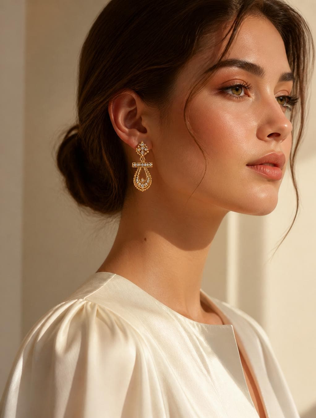 Luxury jewelry editorial photography, ultra-realistic high-fashion campaign.A graceful young woman shown in a soft three-quarter profile with her hair elegantly tucked behind one ear, naturally revealing the featured earrings. Calm, confident expression with minimal luxury makeup, soft nude lips, subtle blush, and luminous natural skin.Outfit: Elegant ivory silk blouse with refined tailoring, soft draped sleeves, modest neckline, premium luxury fabric.Hair: Low bun with loose face-framing strands to ensure the earrings remain fully visible.Jewelry Focus: The uploaded earrings are the only statement jewelry. No necklace. No competing accessories. Every tiny detail of the earrings must perfectly match the uploaded reference image.Lighting: Soft diffused golden studio lighting creating realistic gold reflections and subtle sparkle on…