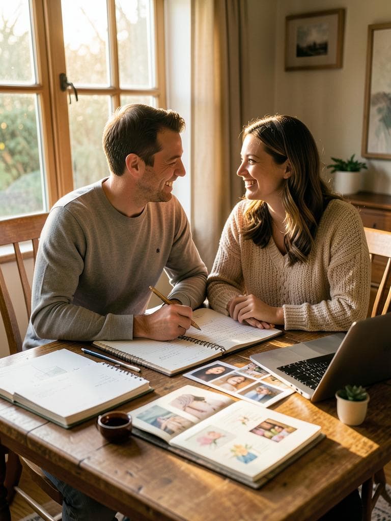 Cinematic, highly realistic 8k photo of a happy engaged couple sitting at a wooden table covered with wedding planning notebooks, mood boards…
