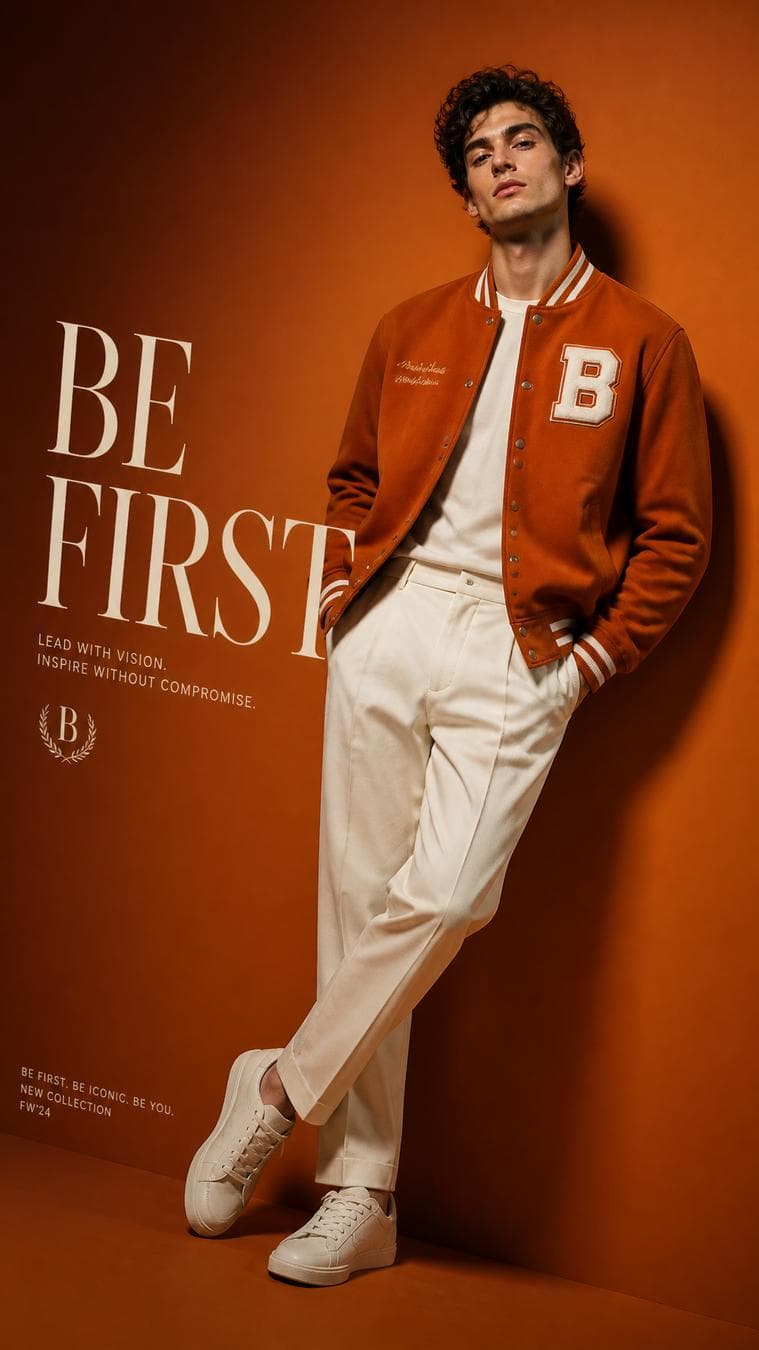 Luxury editorial campaign. Main Subject: Young male model wearing a burnt-orange varsity jacket. Pose: One leg crossed while standing naturally. Camera: Slight Dutch…
