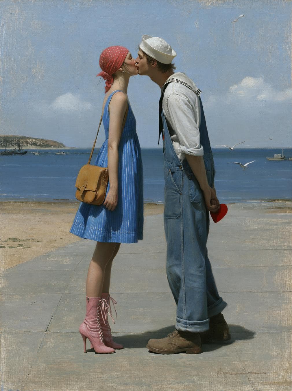 a digital painting in a vintage norman rockwell style depicting a young woman and a young sailor kissing on a paved promenade by a sandy beach. the woman on the left wears a blue sleeveless pinstripe dress, pink high heeled lace up boots, and a red polka dot headscarf. she carries a tan leather satchel. the sailor on the right wears a white shirt, blue denim overalls, brown work boots, and a white sailor cap. he holds a red heart in his hand. the background…