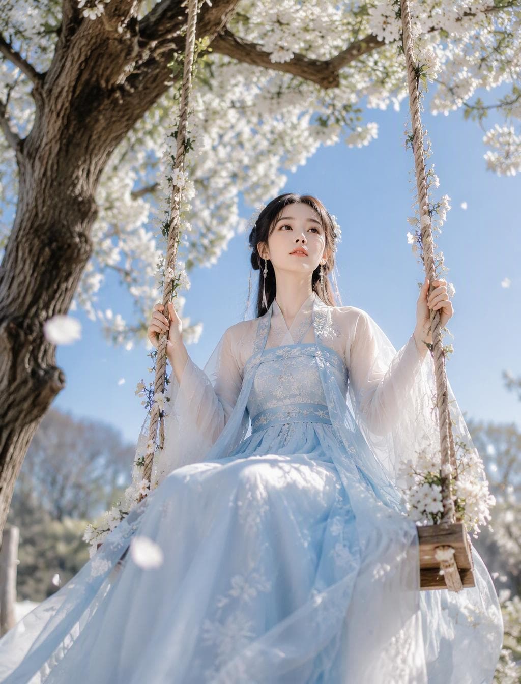 A young woman in flowing pale blue-and-white hanfu sits on a flower-adorned wooden swing, gently holding both twisted ropes beneath a flowering tree. Clear midday sunlight filters through dense white blossoms from above and camera-left, producing soft highlights on her porcelain-like skin, translucent chiffon sleeves, embroidered silk panels, and layered gauze skirt, with delicate subsurface scattering in the petals. Framed from a low angle, her serene face anchors the lower center while the swing ropes create vertical lines through the composition; the gnarled trunk fills the left background, and blue sky, drifting petals, and distant branches dissolve into airy atmospheric bokeh behind her. * **Style:** Dreamlike…