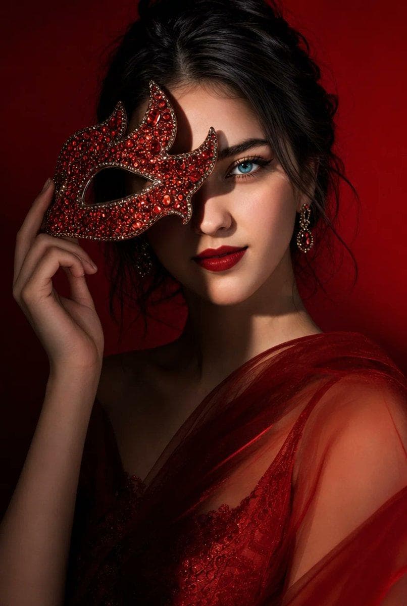Editorial beauty portrait of a young woman holding a crystal-encrusted red rhinestone masquerade mask over her left eye, one striking blue eye visible, bold red lips, winged eyeliner, soft glowy skin, hair loosely pinned up, dramatic red seamless background, deep shadows casting across the face, sheer red fabric draped over…