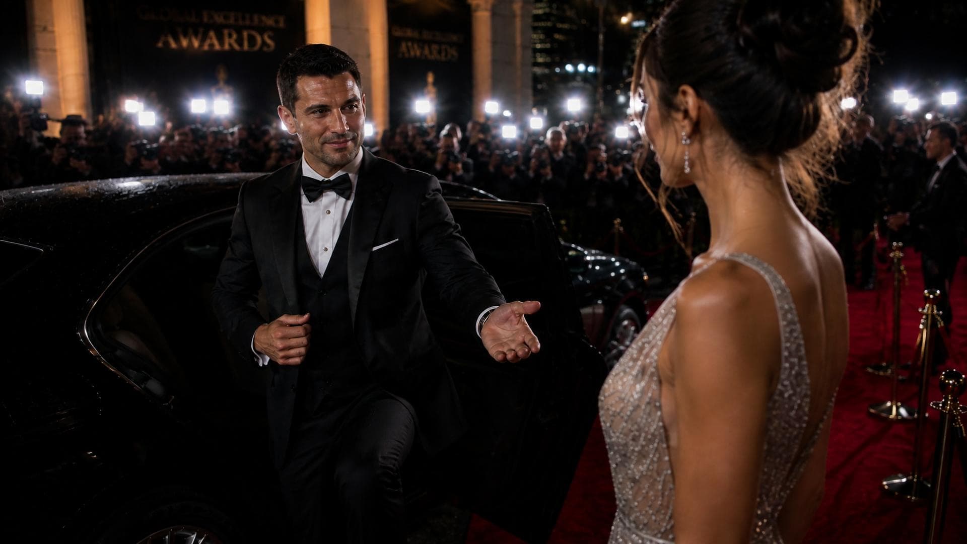 A handsome man in a sharp black tuxedo exits a luxury car, the image shows the man stepping his foot out of the car before extending a hand toward a woman in a shimmering, beaded evening gown on a vibrant red carpet. The scene is illuminated by the intense, staccato flashes of dozens of paparazzi cameras in the background, creating high-contrast specular highlights on the polished car exterior and the intricate sequins of the woman’s dress. The composition follows an over-the-shoulder perspective, anchoring the man in the middle ground while the woman occupies the foreground, framed by the velvet ropes of the event. The atmosphere is charged with cinematic energy, with the deep shadows of the evening event punctuated by sharp, cool-toned white bursts of light that emphasize the…
