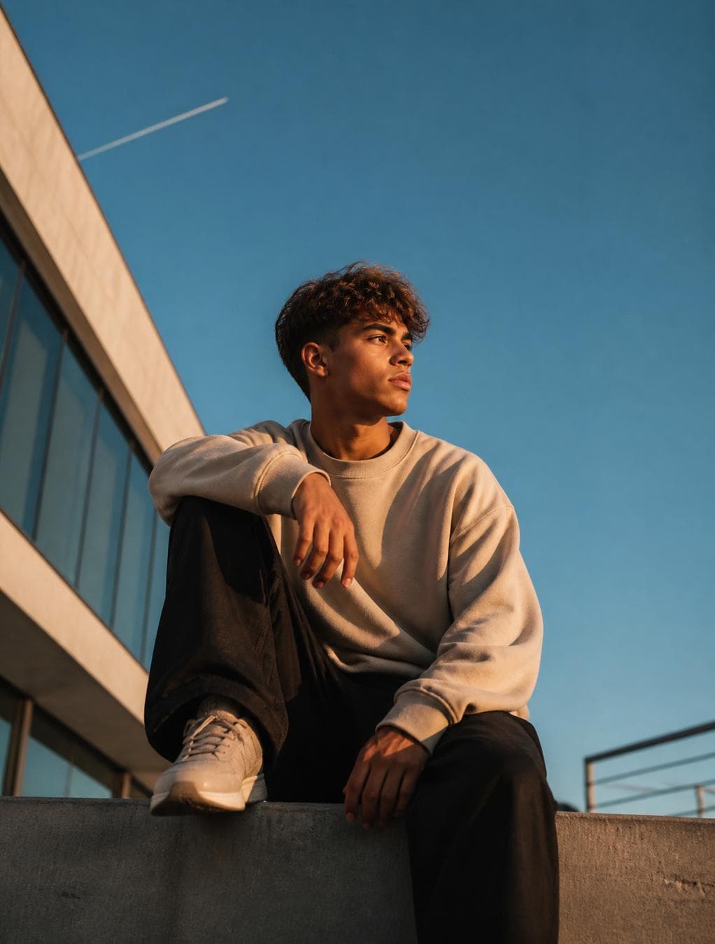 Create a cinematic lifestyle portrait of a stylish lamine yama sitting casually on the edge of a modern concrete rooftop during golden hour. The camera is positioned at a low angle, emphasizing the expansive sky while making the subject appear confident and effortlessly cool. The subject sits with one knee raised and the other leg hanging naturally. One hand rests casually on the raised knee while the other relaxes near his thigh. His head is turned to the right, gazing into the distance with a calm, thoughtful expression. His face is illuminated by warm late afternoon sunlight, creating soft highlights across the cheekbones and jawline. He has naturally messy, medium-length dark brown hair with textured volume and loose strands falling across the forehead. He wears an oversized beige crewneck sweatshirt with relaxed sleeves paired with loose black trousers, creating a clean minimalist streetwear look. The background features a deep blue cloudless sky occupying nearly seventy percent of the composition. A faint airplane contrail crosses the upper left corner. On the left side, a modern concrete building with large glass windows enters the frame, while a blurred metal railing appears on the lower right, adding…