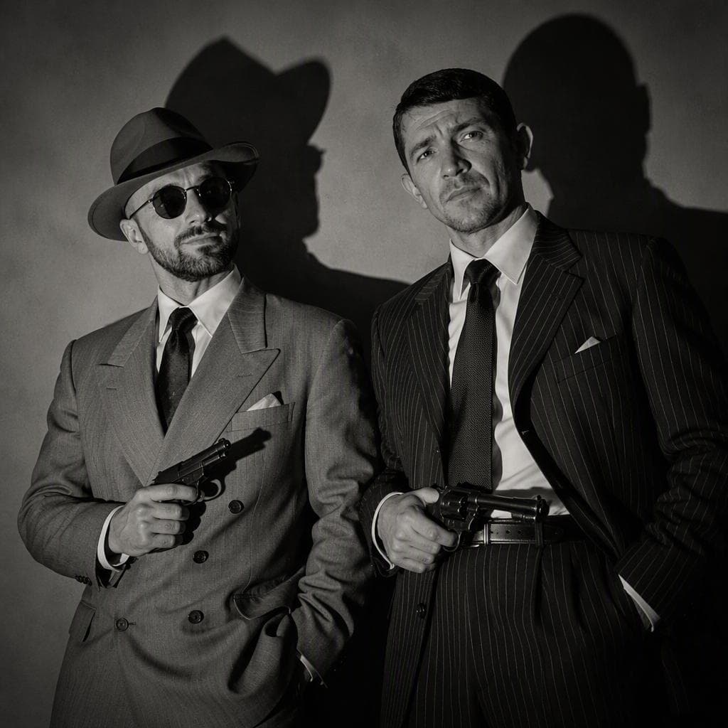 Two sharply dressed men stand tensely in a stark mid-century noir interior, the left figure in a light double-breasted suit and fedora gripping a compact pistol while the heavier man in a dark pinstripe suit holds a revolver at his waist. A hard, directional key light from the front-left produces sculpted facial highlights, deep chiaroscuro under the hat brims, and enormous distorted shadows cast across the pale wall behind them. Wool suiting, crisp shirt collars, glossy ties, leather holsters, and metallic firearm surfaces register through tonal contrast rather than color, with the figures filling the foreground and the bare wall creating an oppressive negative-space background. The monochrome treatment reinforces a suspenseful 1940s…