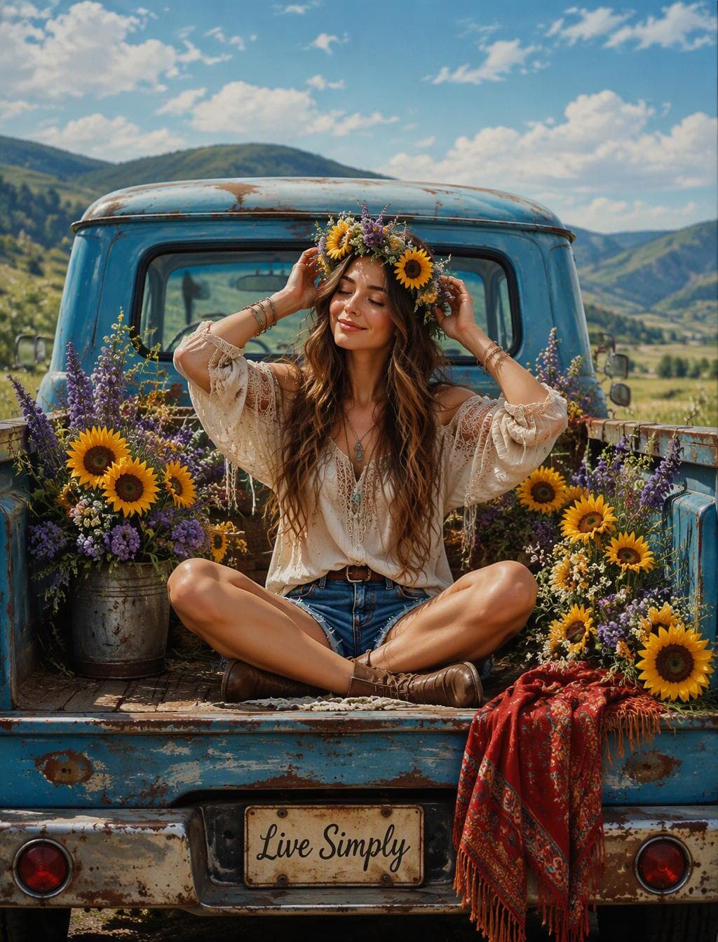 A serene and dreamy scene of a young woman in a picturesque setting. She has long, flowing hair and is sitting cross-legged in the back of an old, faded blue pickup truck. The bed of the truck is adorned with beautiful sunflowers and purple flowers, while a red scarf adds a pop of color. The woman is adjusting a floral crown on her head, her expression filled with contentment. In the background, gentle hills and a vibrant blue sky with light clouds create a tranquil atmosphere. The…