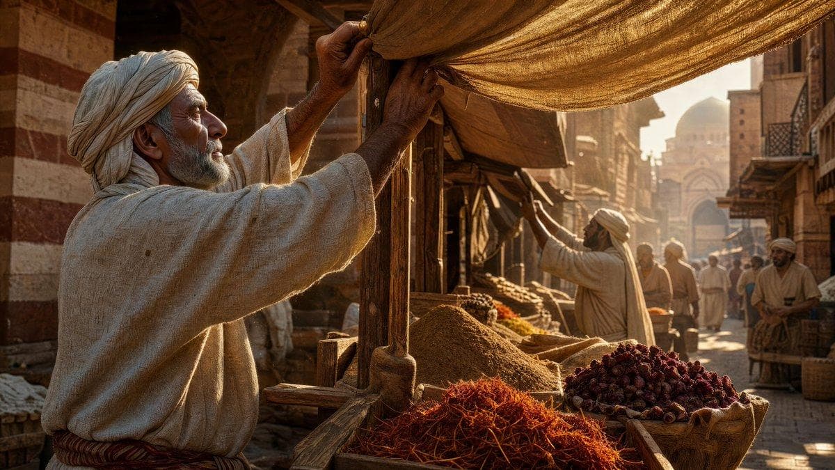 A bustling 14th-century Egyptian spice market at early morning, eye-level perspective. The scene is framed in 16:9 cinematic aspect ratio. Background/Scene: Narrow market corridor lined with ablaq (striped red-and-cream stone) masonry buildings showing authentic medieval Islamic architectural details. Thick, volumetric sunbeams pierce through dusty air, creating dramatic shafts of golden light that illuminate suspended dust particles and spice powder. Subject: Merchants in historically accurate linen tunics and wrapped head coverings unrolling weathered canvas awnings over wooden market stalls. The stalls overflow with vibrant saffron threads (deep crimson-orange), heaping mounds of ground cumin (earthy brown), and bundles of dried roses (deep burgundy and pink). Key Visual Details: Photograph captured with shallow depth of field (f/2.8), sharp focus on foreground merchant's weathered hands adjusting fabric, soft blur on background stalls. Warm golden hour lighting with high contrast between sunlit areas and deep shadows. Hyper-detailed textures: rough-hewn wood grain on stall posts, individual saffron threads…