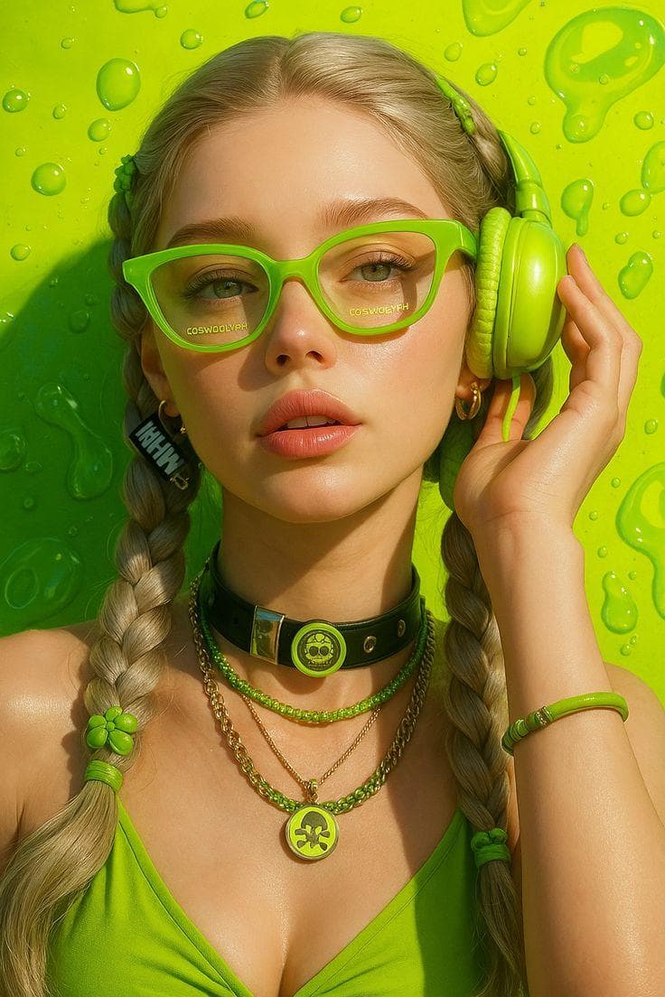 Ultra-realistic close-up fashion portrait of a young woman, centered composition, looking directly into the camera with a calm confident expression, fair flawless skin, soft glossy lips, subtle natural makeup, long brown hair styled into two neat braided pigtails with green flower hair accessories, oversized lime-green eyeglasses, bright neon-green over-ear headphones with one hand gently touching the earcup, vivid monochromatic lime-green aesthetic. Wearing a fitted neon-green t-shirt, black leather choker with metallic details and circular emblem, layered necklaces with green beads and pendant, green bracelet, small gold hoop earrings. Studio beauty photography, high-end commercial advertising style, hyper-detailed skin texture, sharp eyes, realistic hair strands, premium fashion editorial quality. Background completely covered in glossy lime-green liquid droplets and slime-like shapes, monochromatic green color palette, vibrant reflections, clean modern design, soft diffused studio lighting mixed with directional light, subtle shadows, ultra-sharp focus, HDR, 8K resolution, beauty campaign…