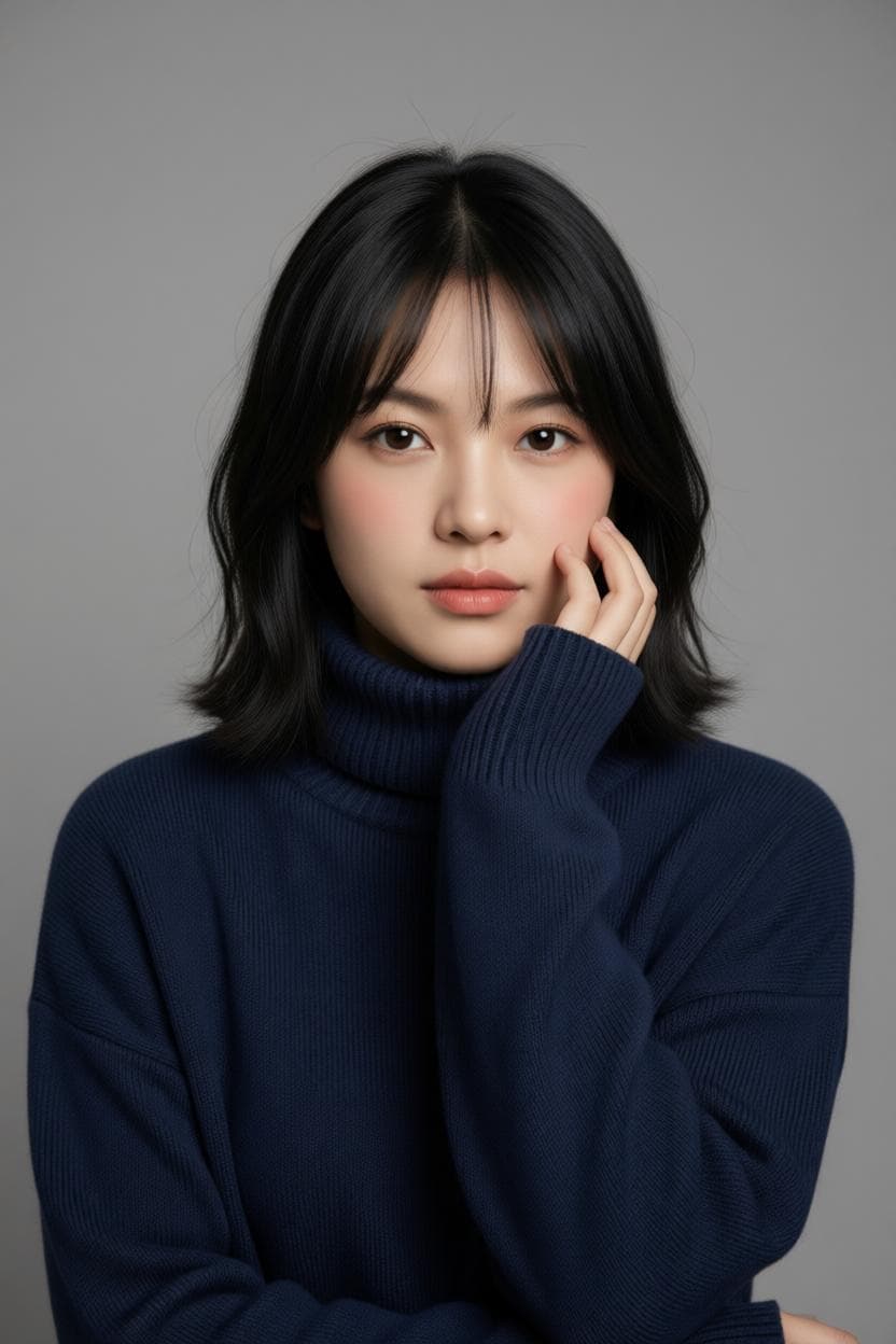 A high-quality studio portrait of a beautiful young East Asian woman with a soft, flawless complexion. She has short, shoulder-length wavy black hair with light, wispy see-through bangs framing her face. She has a natural, subtle makeup look with soft coral-pink lips and gentle blush. She is wearing an oversized, cozy dark navy blue knit turtleneck…
