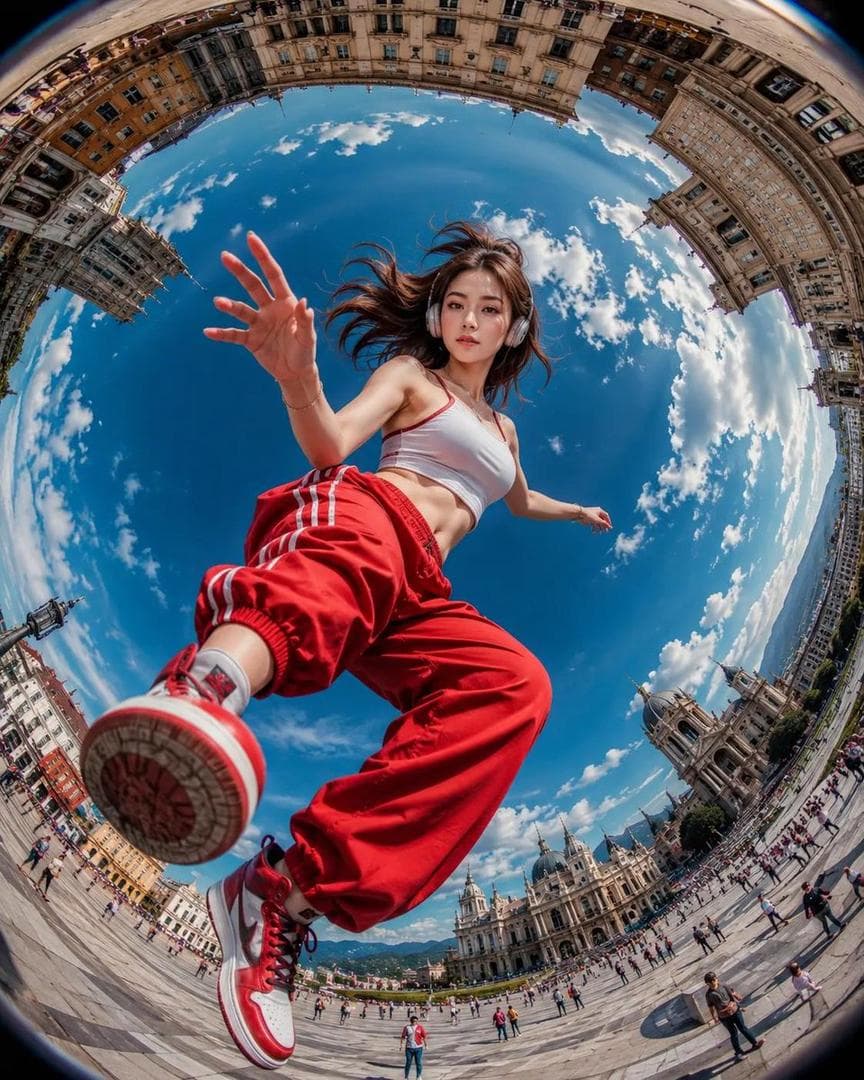 Ultra-realistic action photography, extreme fisheye lens (8mm), worm’s-eye view from ground level, dynamic urban plaza scene. A stylish young woman appears to be stepping over the camera, one sneaker sole dominating the foreground, hand reaching toward the lens. She wears oversized red track pants with white side stripes, a fitted white crop top, red-and-white high-top sneakers, and silver headphones. Wind-blown dark hair, natural beauty, confident expression. Massive circular “tiny planet” perspective with historic European architecture curving around the edges of the frame, bright blue sky filled with fluffy white clouds at the center…