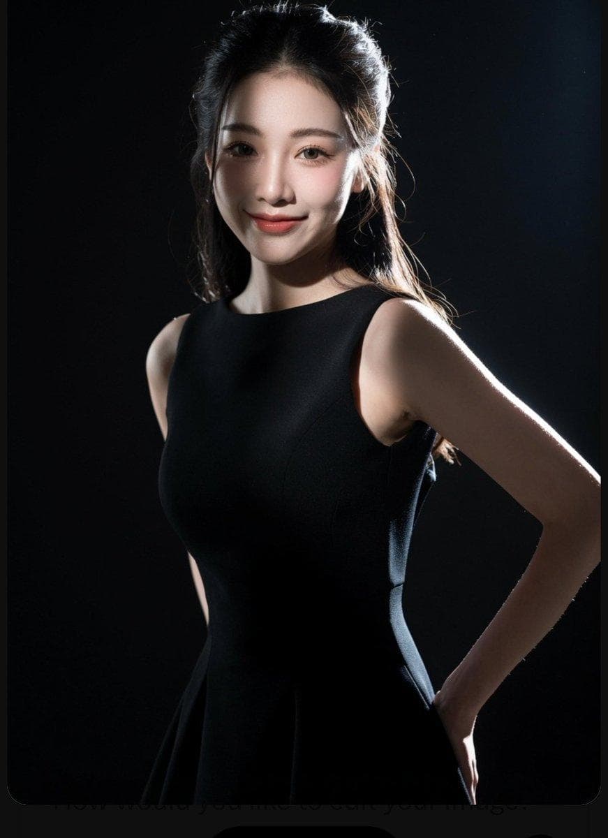 Create a high-end, cinematic studio portrait featuring an elegant East Asian woman and a handsome man standing side by side against a solid, dramatic dark gray background. The woman on the left has her hair styled in a half-updo, wearing a sleek, sleeveless black dress and smiling softly. The man on the right, resembling Tom Cruise, wears a sharp, tailored black suit and a black button-down shirt with a confident expression. Both individuals look directly toward the camera, maintaining a sophisticated and polished pose. The entire scene uses…