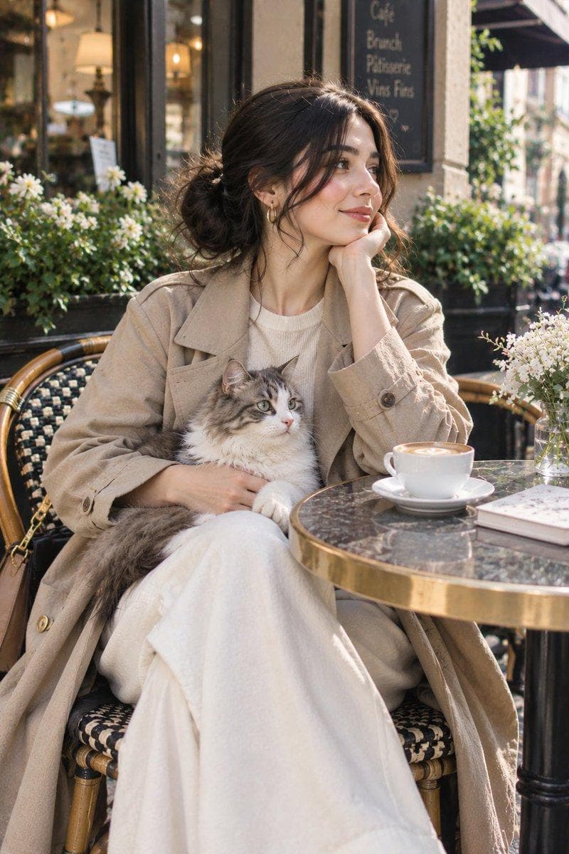 A candid portrait of a beautiful young woman sitting at an outdoor bistro table in a Parisian cafe on a bright sunny afternoon. She has dark hair styled in a loose, elegant updo with soft framing strands, wearing a beige trench coat, a cream knit sweater, and white trousers. She is holding a fluffy, long-haired tabby and white cat in her lap while resting her chin on her hand, gazing thoughtfully off-camera with a gentle smile. On the round marble-top bistro table sits a…