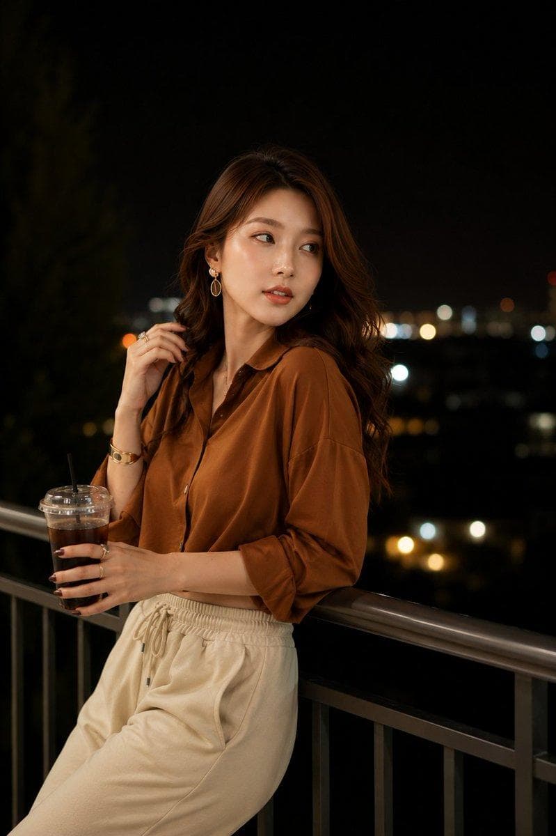 Prompt 1: Ultra-realistic night portrait of a stylish young woman standing on a modern balcony overlooking a city skyline at night. She wears a loose satin brown cropped button-up blouse with rolled sleeves and high-waisted cream drawstring lounge pants. Long wavy dark brown hair, elegant gold earrings, subtle gold bracelet and rings. Holding a plastic cup of iced black coffee with a straw in her left hand while gently touching her hair with her right hand. Looking softly to her left, calm and sophisticated expression. Warm cinematic lighting illuminating her face, shallow depth of field, glowing city bokeh lights in the background, luxury lifestyle aesthetic, realistic skin texture, 85mm lens, f/1.8, ultra-detailed, professional fashion photography, natural color grading, vertical composition, 8K HDR. Prompt 2 (Back pose looking over shoulder) Ultra-realistic fashion portrait of an elegant young woman standing at a metal balcony railing during nighttime. She wears a cropped satin brown blouse and cream high-waisted drawstring pants. Captured from behind with her body facing…