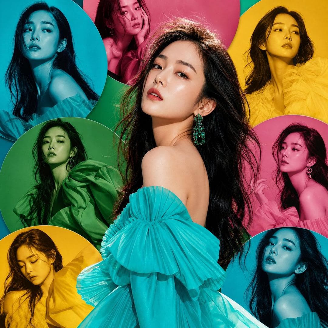 High-fashion vertical editorial artwork featuring an elegant Korean woman with flawless luminous skin, soft natural makeup, and long flowing dark hair. She wears highly fashionable couture pieces in vibrant turquoise, hot pink, lemon yellow, and emerald green, with dramatic silhouettes and luxurious fabrics. The background is composed of overlapping colorful circular panels arranged like an artistic mosaic. Inside each circle are monochrome editorial portraits of the same woman, captured from different angles, expressions, and stylish poses. The main portrait appears in rich vivid colors…