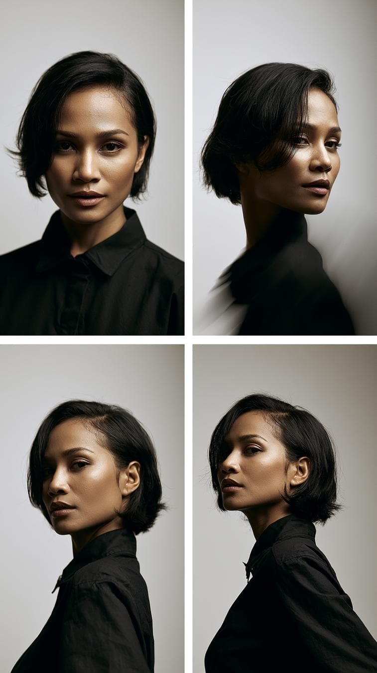 Create a premium high-fashion editorial series featuring a stylish Timorese female model with sharp, elegant, modern beauty aesthetics. Maintain consistent facial identity across all panels. Design a 2x2 grid layout composed of four separate 9:16 vertical posters, separated by thin white spacing. Each panel must show the same model in a different stylish pose, angle, and camera perspective: Panel 1: front-facing portrait, soft confident expression Panel 2: side profile with cinematic lighting and subtle motion pose Panel 3: over-the-shoulder glance, fashion editorial attitude Panel 4: low-angle shot for powerful luxury aesthetic Style & Direction: Ultra-stylish East Timor fashion model aesthetic (Dili street + luxury editorial vibe) Clean modern studio photography Softbox lighting with smooth shadows Minimal off-white / light gray background High-end magazine…