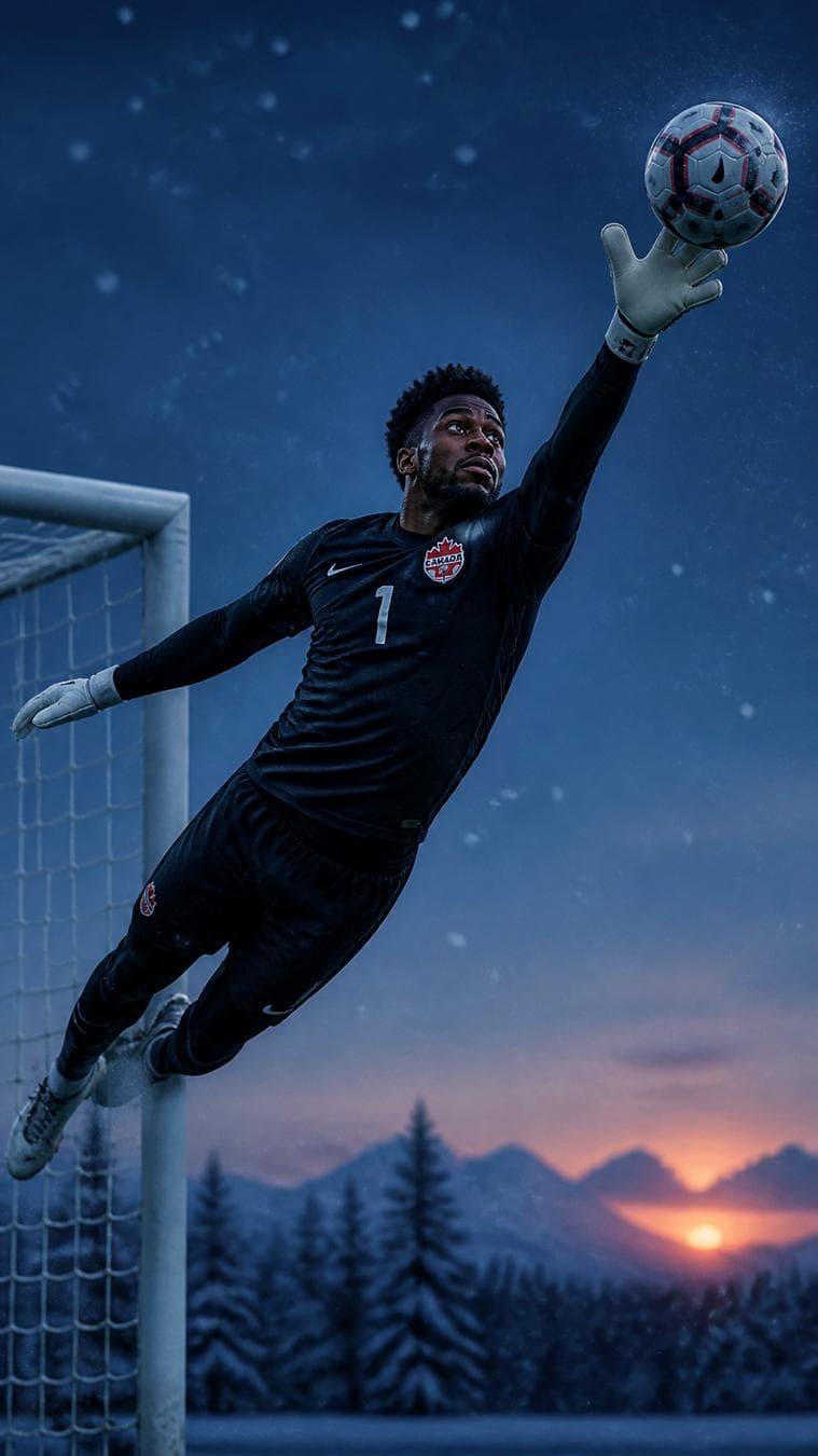 Canada — "Minimalist, high-contrast portrait of a Canadian goalkeeper making a gravity-defying save against a snowy twilight sky, cold blue tones with a…