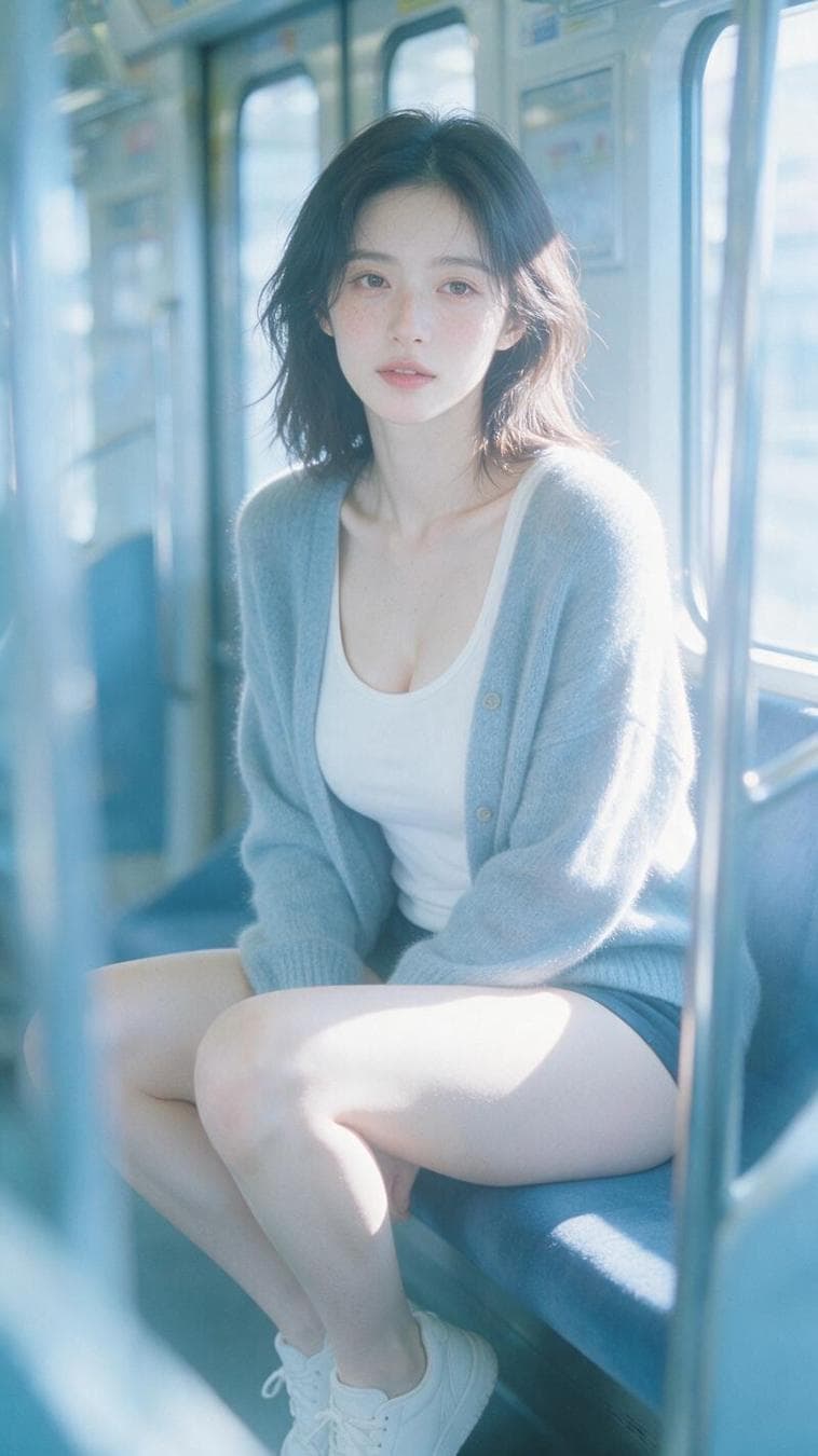 A clearly adult Taiwanese Instagram influencer, fair skin with subtle freckles, fox like refined face, softly sculpted features, pear shaped figure. Wearing a silky cashmere cardigan over a white tank top, hot pants, white sneakers. Sitting on a Tokyo subway seat in a natural, slightly dynamic pose, looking directly at camera. Foreground partially obscured for a candid snapshot feel. 9:16 vertical composition. Cool blue toned Japanese summer portrait aesthetic: low saturation, low contrast, soft haze, slight soft focus, airy atmosphere, subtle glow, gentle…