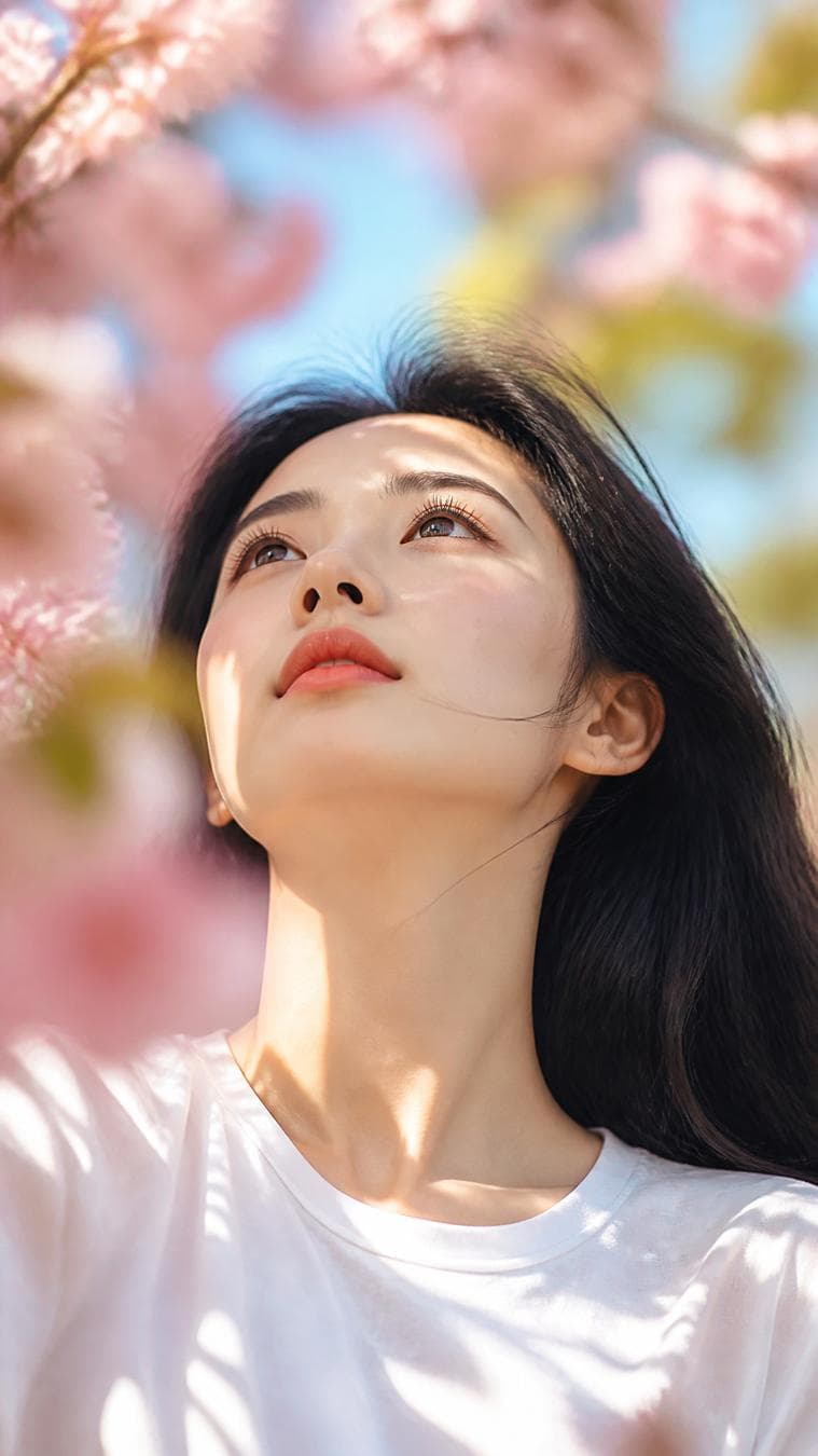 subject: an adult Chinese woman in her mid-20s, smooth pale skin, delicate oval face, dark expressive eyes, soft matte rose-red lips, delicate lashes, elegant collarbones, and long silky black hair…