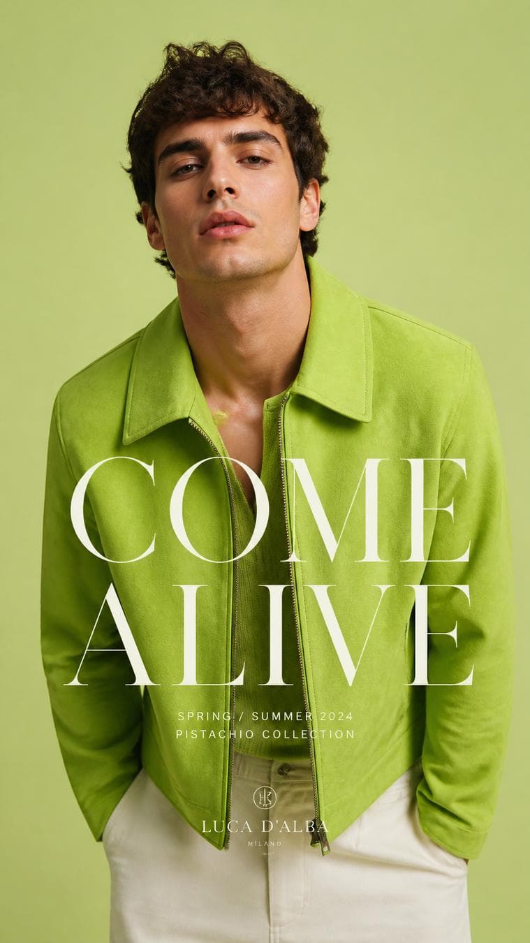 Luxury fashion editorial.Main Subject: Male model wearing a vivid pistachio jacket.Pose: Leaning slightly forward with relaxed shoulders.Camera: Straight-on…