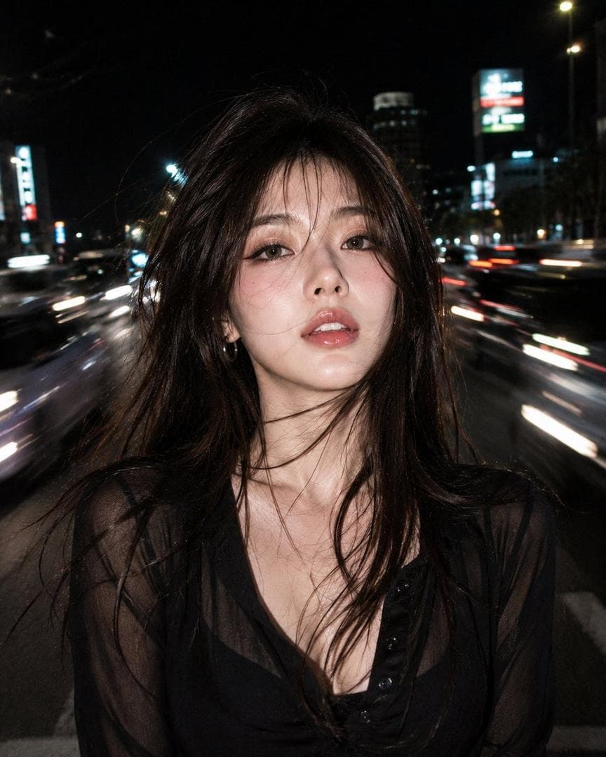 Ultra realistic RAW night flash portrait of a beautiful young woman with the same face as the reference, standing alone in the middle of a busy city road at night, looking directly into the camera with strong eye contact, calm confident expression. Medium close-up shot, face occupying 70% of the frame, camera positioned close to the subject, focus completely locked on the eyes and facial features. Ultra sharp face details, highly detailed skin texture, visible natural pores, realistic skin grain, subtle peach fuzz, authentic facial micro-details, realistic lips texture, natural under-eye texture, healthy fair skin with soft rosy undertones, flawless but natural soft glam makeup, no porcelain skin, no plastic skin, no beauty filter, no airbrushed skin. Long thick brown hair, naturally straight with soft curls only at the ends, soft wispy bangs, strong wind blowing through the hair, visible flying strands creating dramatic movement around the face and shoulders. She wears a black semi-transparent collared chiffon shirt with several buttons casually open, black camisole underneath, lightweight fabric moving naturally in the wind. Powerful direct on-camera flash photography at night. Bright flash freezes the face sharply while the surroundings remain dark. Authentic paparazzi flash aesthetic, realistic flash reflections on skin and hair, high contrast lighting, face brightly illuminated against a dark background. The woman stands perfectly still in the center lane while traffic rushes past at high speed on BOTH SIDES of her body. Cars and motorcycles are clearly visible only on the LEFT and RIGHT sides of the frame. Intense motion blur…