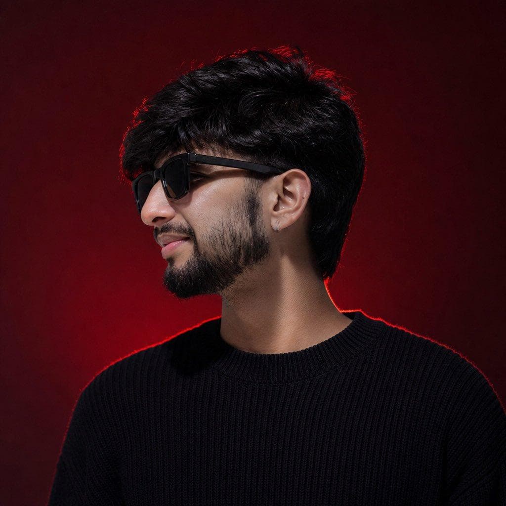 Use the uploaded reference image as the exact identity of the person. STRICT IDENTITY LOCK Preserve 100% facial structure, skin tone, hairstyle, beard, facial features, age, body proportions and identity from the uploaded reference image. Do not alter face shape, eyes, nose, lips, jawline, beard style, hairstyle or natural appearance. OUTFIT (FIXED) Premium black ribbed knit sweater, sleek black rectangular sunglasses, small silver hoop earring in one ear, modern fashion styling. POSE Fashion portrait pose, head slightly lowered, face turned slightly sideways, confident expression, subtle smile, looking past camera. SCENE Luxury studio fashion portrait, deep crimson red gradient background, dark red cinematic backdrop, clean minimal composition, high-end professional photoshoot setup. LIGHTING Soft frontal beauty light, dramatic red rim light around hair and shoulders, editorial studio lighting, cinematic shadows, high…