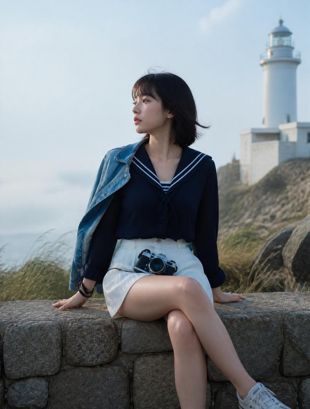 A quiet, realistic 9:16 portrait rendered with the soft atmospheric stillness of a Ghibli morning scene.Japanese woman, short bob-length dark hair with blunt fringe, natural skin texture, soft makeup, adult realistic features.Outfit: navy sailor-collar blouse, white pleated shorts, a cropped denim jacket draped over one shoulder, canvas sneakers.Setting: a rocky cliffside near a white lighthouse, pale morning sky, soft mist rolling over the sea, patches of wild grass along the cliff edge.She sits on a low stone wall, legs crossed, leaning back on both hands, gazing toward the horizon with a calm, distant expression. An old handheld film camera rests on her lap, its strap looped loosely around her wrist.The atmosphere feels serene and solitary, almost dreamlike, like…