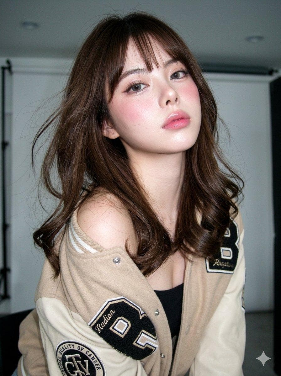 Hyper-photorealistic portrait of a fashionable young woman, ultra-detailed facial features, visible pores, rosy dewy skin, high identity consistency. Subject: leaning slightly forward, shoulders angled, wearing a beige varsity jacket slipping off one shoulder, layered styling visible underneath. Expression: confident, slightly aloof, chin tilted up, relaxed lips with a hint of attitude. Camera: old CCD digital camera, early-2000s digicam aesthetic, on-camera flash, harsh flash falloff, grain and digital noise, slightly overexposed highlights, flattened shadows, soft contrast, washed colors, neutral white balance, subtle motion blur, candid snapshot feel, nostalgic compact-camera look. Makeup: Douyin/Korean glass-skin finish, pink lip gloss, aegyosal, soft blush, grey contacts, wispy lashes, brushed-up brows. Hair: straight medium-length, face-framing strands, slightly windswept, ends curled inward and upward. Outfit: beige…