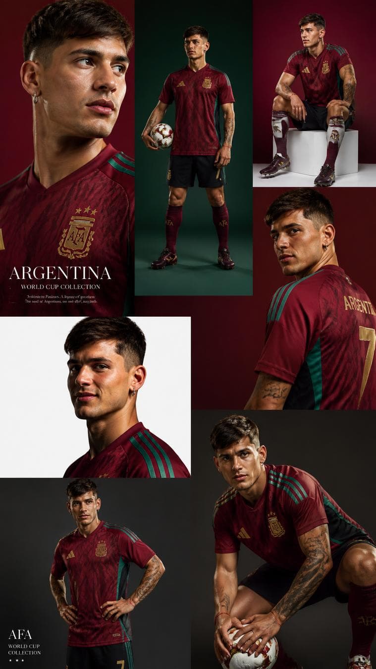 Use the reference image and Create a luxury sports fashion collage editorial featuring a stylish young Argentina man in Argentina national football team colors. Premium magazine-cover quality, 6–8 different studio shots combined into one elegant collage layout. Include a mix of: Full-body standing pose with football Seated pose on a studio cube Over-the-shoulder glance Hand-on-hip confident pose Close-up beauty portrait Serious fashion editorial expression Soft smile portrait Dynamic ready-for-match stance Authentic Argentena-inspired kit in deep crimson red, green accents, dark shorts, matching socks, premium fabric textures. Professional studio backgrounds in deep red, burgundy, charcoal, dark green, and white. Clean seamless backdrop, cinematic lighting, luxury magazine retouching, ultra-detailed skin texture, sharp focus, high-end sports glamour. Editorial collage design, stylish magazine…