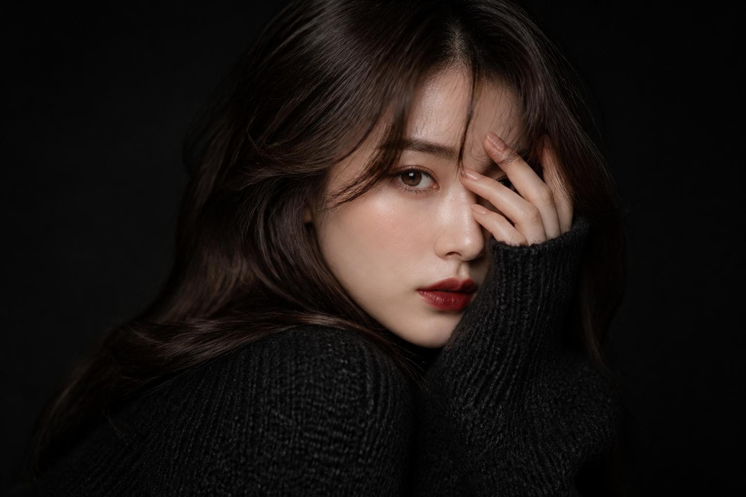 Ultra-realistic fashion beauty portrait of a stylish young woman with long silky dark-brown hair and soft curtain bangs, wearing an oversized chunky black knit sweater. She poses elegantly against a deep black studio background, partially covering one eye with her hand while gazing confidently into the camera. Soft fair skin, natural matte makeup, warm blush, defined brows, subtle eyeliner, and rich velvet-red lips. Calm, mysterious, high-fashion expression with a modern editorial aesthetic.Professional studio lighting creates dramatic contrast between light and shadow, emphasizing facial structure, hair texture, and the cozy knit fabric. Minimalist composition, luxury fashion campaign mood, sophisticated monochrome styling, clean black-on-black palette with subtle skin-tone highlights. Sharp focus on the visible eye, premium beauty photography, elegant and timeless atmosphere.Shot on a full-frame camera, 85mm lens, f/1.8, shallow depth of field, ultra-detailed skin texture, soft directional key light, cinematic contrast, high-end magazine editorial…