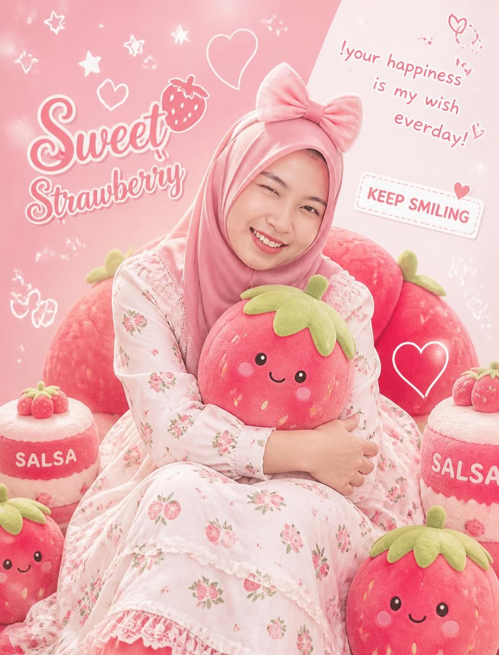 Use the uploaded portrait only as a face reference. Keep the person’s facial identity, features, skin tone, and overall recognizable look. Remove the original background and unrelated objects.change the hijab with more stylish and modified pink hijab. Create a cute strawberry-themed poster portrait. The subject wears a large pink bow headband and a white dress with strawberry prints. She tilts her head, smiles, winks, and slightly opens her mouth, with Japanese style kawaii moods. Place her sitting on a large strawberry plush chair, hugging a strawberry plush toy. Surround her with strawberry plush toys and strawberry cake plushies labeled “SALSA”. Use a clean pink-and-white split background with white doodle elements, stars, hearts, and cute graphic decorations. Add the text: “!your happiness is my wish everday!”, “Sweet Strawberry”, and “KEEP SMILING”. Keep the subject centered, with natural proportions, soft bright lighting, clean composition, high detail, dreamy and hazy…