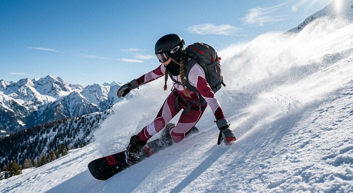 A dynamic action shot of a man snowboarder with a nice hairstyle wearing a modest, structured blue-and-white patterned athletic top with extended coverage, matching leggings, and a grey backpack, carving swiftly down a steep, sunlit snowy mountain…